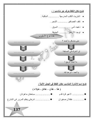 137
: ‫مناسب‬ ‫جر‬ ‫حرف‬ ‫النقط‬ ‫مكان‬ ‫ضع‬-
. ‫المكتبة‬ ............... ‫المدرسية‬ ‫الكتب‬ ‫اشتريت‬
. ‫الشجر‬ .............. ‫العصافير‬ ‫تقف‬
.............. ‫أمى‬ ‫ذهبت‬. ‫السوق‬ ....
. ‫الحديقة‬ ............. ‫األزهار‬ ‫توجد‬
: ‫اآلتية‬ ‫الجمل‬ ‫فى‬ ‫النقط‬ ‫مكان‬ ‫المناسب‬ ‫اإلشارة‬ ‫اسم‬ ‫ضع‬
(‫هذا‬–‫هذان‬–‫هاتان‬-‫هؤالء‬)
‫قدم‬ ‫كرة‬ ‫العبو‬ .................................‫ماهرتان‬ ‫سباحتان‬ .....
......‫صغي‬ ‫طفالن‬ ..........‫ران‬...........‫الشارع‬ ‫فى‬ ‫المرور‬ ‫ينظم‬ ‫شرطى‬ ..........
‫الربيع‬ ‫أجمل‬ ‫ما‬!
. ‫بك‬ ‫مرحبا‬ ، ‫أحمد‬ ‫يا‬..................................
................................
‫األسلوب‬ ‫نوع‬ ‫حدد‬
‫؟‬ ‫أحمد‬ ‫يا‬ ‫ستسافر‬ ‫متى‬
. ‫المسابقة‬ ‫فى‬ ‫أشترك‬ ‫لن‬.................................
.................................
 