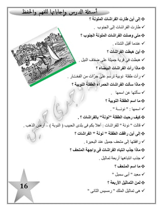 16
‫؟‬ ‫الملونة‬ ‫الفراشات‬ ‫طارت‬ ‫أين‬ ‫إلى‬
‫الجنوب‬ ‫إلى‬ ‫الفراشات‬ ‫طارت‬.
‫الجنوب‬ ‫الملونة‬ ‫الفراشات‬ ‫وصلت‬ ‫متى‬‫؟‬
‫الشتاء‬ ‫أقبل‬ ‫عندما‬.
‫الفراشات‬ ‫هبطت‬ ‫أين‬‫؟‬
‫النيل‬ ‫ضفاف‬ ‫على‬ ‫جميلة‬ ‫قرية‬ ‫فى‬ ‫هبطت‬.
‫الف‬ ‫رأت‬ ‫ماذا‬‫البيضاء‬ ‫راشات‬‫؟‬
‫طفلة‬ ‫رأت‬‫ـار‬ّ‫ـ‬‫الفخـ‬ ‫من‬ ‫ّات‬‫ر‬‫ج‬ ‫على‬ ‫ترسم‬ ‫نوبية‬.
‫النوبية‬ ‫الطفلة‬ ‫الحمراء‬ ‫الفراشات‬ ‫سألت‬ ‫ماذا‬‫؟‬
‫اسمها‬ ‫عن‬ ‫سألتها‬.
‫النوبية‬ ‫الطفلة‬ ‫اسم‬ ‫ما‬‫؟‬
" ‫نونـــة‬ " : ‫اسمها‬.
‫؟‬ ‫بالفراشات‬ "‫"نونة‬ ‫الطفلة‬ ‫رحبت‬ ‫كيف‬.
‫ال‬ ‫بلدى‬ ‫فى‬ ‫بكم‬ ‫أهال‬ : ‫للفراشات‬ " ‫نونة‬ " ‫قالت‬) ‫النوبة‬ ( ‫حبيب‬–‫الذهب‬ ‫أرض‬.
‫الفراشات‬ " ‫نونة‬ " ‫الطفلة‬ ‫رافقت‬ ‫أين‬ ‫إلى‬‫؟‬
‫البحيرة‬ ‫عند‬ ‫جميل‬ ‫متحف‬ ‫إلى‬ ‫رافقتها‬.
‫؟‬ ‫المتحف‬ ‫واجهة‬ ‫فى‬ ‫الفراشات‬ ‫انتباه‬ ‫جذب‬ ‫ماذا‬
. ‫تماثيل‬ ‫أربعة‬ ‫انتباهها‬ ‫جذب‬
‫؟‬ ‫المتحف‬ ‫اسم‬ ‫ما‬
" ‫سمبل‬ ‫أبى‬ " ‫معبد‬
‫؟‬ ‫األربعة‬ ‫التماثيل‬ ‫لمن‬
‫الملك‬ ‫تماثيل‬ ‫هى‬" ‫الثانى‬ ‫رمسيس‬ "
 