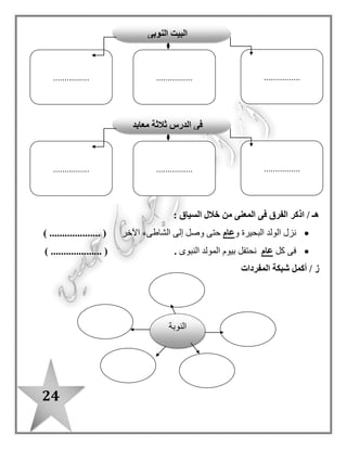 24
: ‫السياق‬ ‫خالل‬ ‫من‬ ‫المعنى‬ ‫فى‬ ‫الفرق‬ ‫اذكر‬ / ‫هـ‬
‫و‬ ‫البحيرة‬ ‫الولد‬ ‫نز ل‬‫عام‬‫اآلخر‬ ‫الشاطىء‬ ‫إلى‬ ‫وصل‬ ‫حتى‬) .................... (
‫كل‬ ‫فى‬‫عام‬‫النبوى‬ ‫المولد‬ ‫بيوم‬ ‫نحتفل‬.) .................... (
/ ‫ز‬‫أكمل‬‫المفردات‬ ‫شبكة‬
‫النوبة‬
‫النوبى‬ ‫البيت‬
................................................
‫معابد‬ ‫ثالثة‬ ‫الدرس‬ ‫فى‬
................................................
 