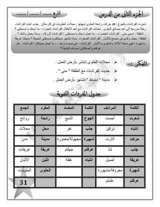31
‫الفرا‬ ‫شعرت‬ ‫بم‬‫شات‬‫؟‬.
‫بالجوع‬ ‫الفراشات‬ ‫شعرت‬.
‫بالجوع‬ ‫الفراشات‬ ‫شعرت‬ ‫لماذا‬‫؟‬
‫مكان‬ ‫كل‬ ‫فى‬ ‫الحلوى‬ ‫رائحة‬ ‫ألن‬.
‫؟‬ ‫الحلوى‬ ‫محالت‬ ‫توجد‬ ‫أين‬.
‫مكان‬ ‫كل‬ ‫فى‬ ‫المحالت‬ ‫توجد‬.
‫الفراشات‬ ‫انتباه‬ ‫جذب‬ ‫ماذا‬‫؟‬
‫الحلوى‬ ‫مصانع‬ ‫أحد‬ ‫إلى‬ ‫مدرسية‬ ‫رحلة‬ ‫الفراشات‬ ‫انتباه‬ ‫جذب‬.
‫الفراشات‬ ‫تحدثت‬ ْ‫من‬ ‫مع‬‫؟‬
‫األطفا ل‬ ‫أحد‬ ‫مع‬ ‫تحدثت‬.
‫الفراشات‬ ‫معها‬ ‫تحدثت‬ ‫التى‬ ‫الطفلة‬ ‫اسم‬ ‫ما‬‫؟‬
) ‫ـنى‬ُ‫ـ‬‫م‬ ( ‫اسمها‬.
" ‫منى‬ " ‫والد‬ ‫يعمل‬ ‫ماذا‬‫؟‬
‫األلبان‬ ‫مصنع‬ ‫فى‬ ‫يعمل‬.
" ‫العمل‬ " ‫أرض‬ ‫تشتهر‬ ‫بم‬‫؟‬
‫واأللبان‬ ، ‫الحلوى‬ ‫و‬ ، ‫باألثاث‬ : ‫العمل‬ ‫أرض‬ ‫تشتهر‬.
‫؟‬ ‫العمل‬ ‫أرض‬ ‫ما‬
‫دمياط‬ ‫مدينة‬ ‫هى‬ ‫العمل‬ ‫أرض‬.
 