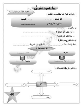 40
‫أجب‬ ‫ثم‬ ‫اقرأ‬
: ‫أجب‬ / ‫أ‬
‫الفراشات‬ ‫تختفى‬ ‫أين‬.................................................... ‫؟‬
‫منه‬ ‫الذى‬ ‫النشيد‬ ‫هذا‬ ‫اسم‬ ‫ما‬‫السابقين‬ ‫البيتين‬.............................................. ‫؟‬
: ‫الفقرة‬ ‫من‬ ‫استخرج‬ / ‫ب‬
...................... ‫بالياء‬ ّ‫د‬‫م‬ ‫بها‬ ‫كلمة‬‫بها‬ ‫كلمة‬"‫مربوطة‬ ‫تاء‬......................... "
‫المناسبة‬ ‫بالكلمات‬ ‫المفردات‬ ‫شبكة‬ ‫أكمل‬ / ‫جـ‬
‫أكمل‬ / ‫د‬:‫مرادفها‬ ‫كلمة‬) ‫ضوء‬ (‫مضادها‬ ‫كلمة‬ ..................) ‫تظهر‬ (...............
‫الكلمة‬ ‫عائلة‬ ‫أكمل‬ / ‫هـ‬} ‫غاب‬ {.................... ، ....................... ، ...................
‫النوع‬
‫تغيب‬ ‫المعنى‬
‫الجملة‬
‫المضاد‬
‫الدرس‬ ‫من‬ ‫الثانى‬ ‫الجزء‬
‫تؤوب‬ ‫أخرى‬ ‫ساعة‬ ‫تغيب‬ ‫عنى‬ ‫ساعة‬
ُ‫تذوب‬ ٍ‫ر‬‫نو‬ ‫فى‬ ‫ثم‬ ٌ‫د‬‫وبع‬ ٌ‫قرب‬ ‫هكذا‬
 