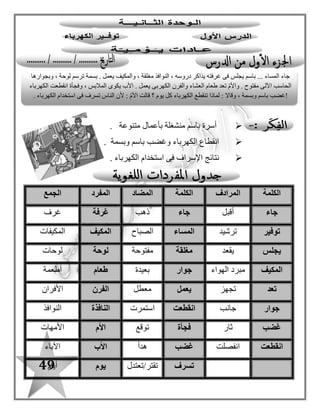 49
‫دروسه‬ " ‫باسم‬ " ‫يذاكر‬ ‫متى‬‫؟‬
‫المساء‬ ‫فى‬.
" ‫باسم‬ " ‫يجلس‬ ‫كان‬ ‫أين‬‫؟‬
‫غرفته‬ ‫فى‬ ‫يجلس‬ ‫باسم‬ ‫كان‬‫مفتوحة‬ ‫والنوافذ‬ ،‫يعمل‬ ‫والمكيف‬.
‫ماذا‬" ‫بسمة‬ " ‫تفعل‬ ‫كانت‬‫؟‬
‫لوحة‬ ‫ترسم‬ " ‫بسمة‬ " ‫كانت‬‫مفتوح‬ ‫االلى‬ ‫الحاسب‬ ‫وبجوارها‬ ،.
‫األم‬ ‫تفعل‬ ‫كانت‬ ‫ماذا‬‫؟‬
‫العشاء‬ ‫طعام‬ ‫تعد‬ ‫األم‬ ‫كانت‬.
‫األب‬ ‫يفعل‬ ‫كان‬ ‫ماذا‬‫؟‬
‫المالبس‬ ‫يكوى‬ ‫األب‬ ‫كان‬.
‫الكهرباء‬ ‫انقطعت‬ ‫عندما‬ ‫وبسمة‬ ‫باسم‬ ‫شعور‬ ‫ما‬‫؟‬
‫ب‬ ‫وبسمة‬ ‫باسم‬ ‫شعر‬‫الغضب‬.
‫وبسمة‬ ‫باسم‬ ‫غضب‬ ‫لماذا‬. ‫؟‬
‫الكهرباء‬ ‫إلنقطاع‬.
‫والدته‬ ‫باسم‬ ‫سأل‬ ‫ماذا‬‫؟‬
‫؟‬ ‫يوم‬ ‫كل‬ ‫الكهرباء‬ ‫تنقطع‬ ‫لماذا‬ : ‫سألها‬.
‫بماذا‬‫باسم‬ ‫سؤال‬ ‫عن‬ ‫األم‬ ‫أجابت‬‫؟‬
‫الكهرباء‬ ‫استخدام‬ ‫فى‬ ‫تسرف‬ ‫الناس‬ ‫ألن‬ : ‫األم‬ ‫قالت‬.
 