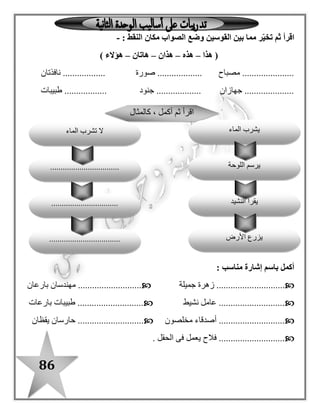 86
: ‫يأتى‬ ‫فيما‬ ، ‫يكتب‬ ‫وال‬ ‫ينطق‬ ‫حرف‬ ‫بها‬ ‫التى‬ ‫الكلمة‬ ‫تحت‬ ‫خطا‬ ‫ضع‬-
¤‫مجتهد‬ ‫تلميذ‬ ‫طه‬¤‫هللا‬ ‫بسم‬‫الرحيم‬ ‫الرحمن‬¤‫سمبل‬ ‫أبى‬ ‫معبد‬ ‫هذا‬
: ‫يكتب‬ ‫وال‬ ‫ينطق‬ ‫حرف‬ ‫بها‬ ‫التى‬ ‫الكلمات‬ ‫تحت‬ ‫ـا‬ّ‫خطـ‬ ‫ضع‬-
‫قصير‬ ((–‫هذه‬–‫قصة‬–‫شجرة‬–‫هؤالء‬–)) ‫ذلك‬
‫مناسبة‬ ‫إشارة‬ ‫أسماء‬ ‫النقط‬ ‫مكان‬ ‫ضع‬‫مم‬‫ا‬: ‫القوسين‬ ‫بين‬-
‫هذا‬ (–‫هذه‬–‫هذان‬–‫هاتان‬–) ‫هؤالء‬
.................‫تمثا ل‬ ....‫أطباء‬ .........................
‫زهرة‬ ....................‫تفاحتان‬ .........................
‫مجتهدان‬ ‫تلميذان‬ ....................
‫هاذا‬–‫هاذه‬–‫هاذان‬–‫الهاء‬ ‫بعد‬ ‫األلف‬ ‫هاؤالء‬
‫الذا ل‬ ‫بعد‬ ‫األلف‬ ‫ذالك‬
‫الكن‬–ّ‫الكن‬–‫إاله‬‫الالم‬ ‫بعد‬ ‫األلف‬
‫اللذى‬–‫اللتى‬–‫األولى‬ ‫الالم‬ ‫بعد‬ ‫الالم‬ ‫اللذين‬
‫طاه‬–‫الرحمان‬-‫السماوات‬‫والميم‬ ‫الطاء‬ ‫بعد‬ ‫األلف‬
‫هذا‬–‫هذه‬–‫هذان‬–‫هؤالء‬
‫ذلك‬
‫لكن‬–ّ‫لكن‬–‫إله‬
‫الذى‬–‫التى‬–‫الذين‬
‫طه‬–‫الرحمن‬-‫السموات‬
‫نطقا‬ ‫الكلمات‬
‫كتابة‬ ‫الكلمات‬
‫االستنتاج‬
 