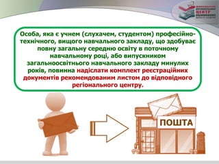 Особа, яка є учнем (слухачем, студентом) професійно-
технічного, вищого навчального закладу, що здобуває
повну загальну середню освіту в поточному
навчальному році, або випускником
загальноосвітнього навчального закладу минулих
років, повинна надіслати комплект реєстраційних
документів рекомендованим листом до відповідного
регіонального центру.
ПОШТА
 