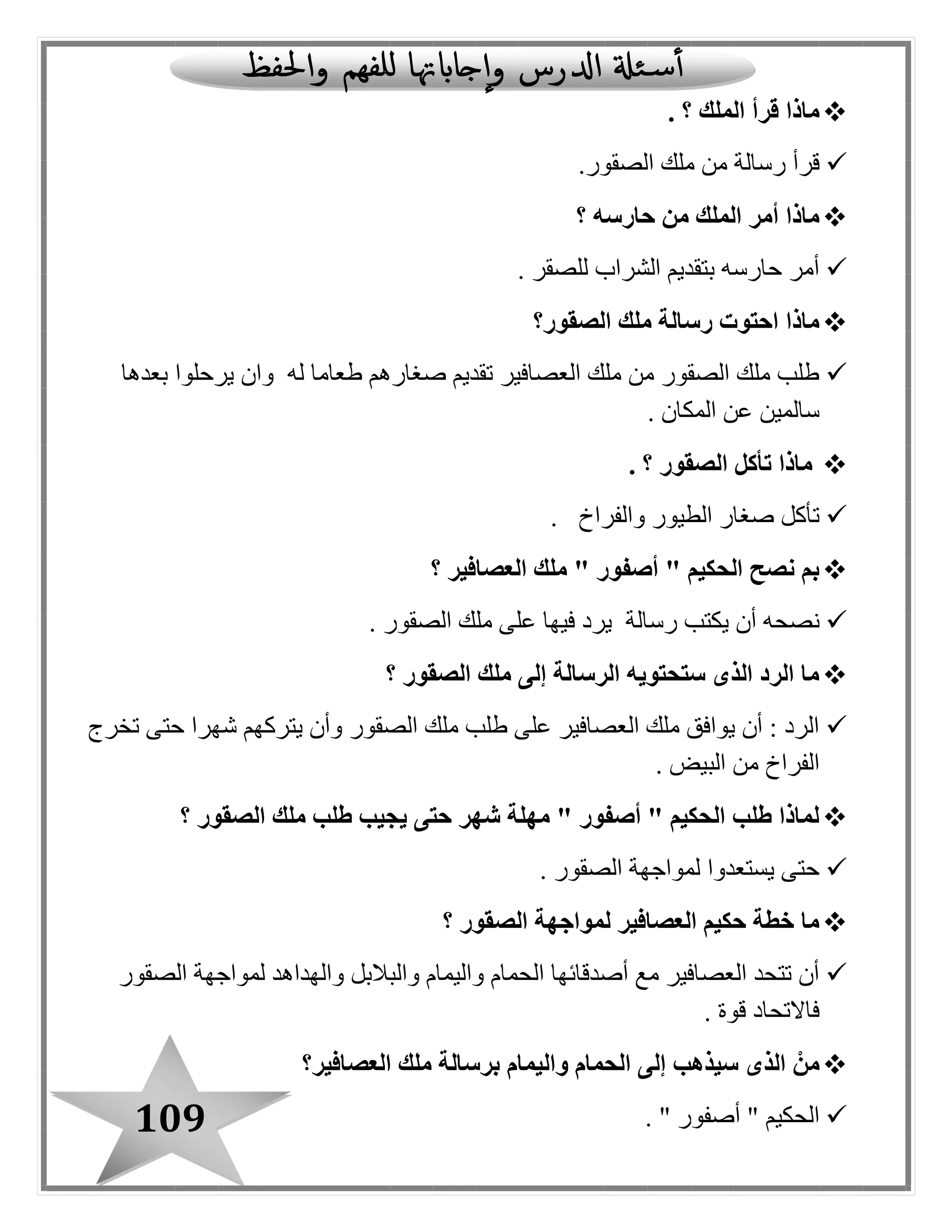 109
‫الملك‬ ‫قرأ‬ ‫ماذا‬. ‫؟‬
‫ملك‬ ‫من‬ ‫رسالة‬ ‫قرأ‬‫الصقور‬.
‫؟‬ ‫حارسه‬ ‫من‬ ‫الملك‬ ‫أمر‬ ‫ماذا‬
. ‫للصقر‬ ‫الشراب‬ ‫بتقديم‬ ‫حارسه‬ ‫أمر‬
‫الصقور‬ ‫ملك‬ ‫رسالة‬ ‫احتوت‬ ‫ماذا‬‫؟‬
‫بعدها‬ ‫يرحلوا‬ ‫وان‬ ‫له‬ ‫طعاما‬ ‫صغارهم‬ ‫تقديم‬ ‫العصافير‬ ‫ملك‬ ‫من‬ ‫الصقور‬ ‫ملك‬ ‫طلب‬
‫المكان‬ ‫عن‬ ‫سالمين‬.
‫الصقور‬ ‫تأكل‬ ‫ماذا‬. ‫؟‬
‫والفراخ‬ ‫الطيور‬ ‫صغار‬ ‫تأكل‬.
‫أصف‬ " ‫الحكيم‬ ‫نصح‬ ‫بم‬‫العصافير‬ ‫ملك‬ " ‫ور‬‫؟‬
‫ن‬‫الصقور‬ ‫ملك‬ ‫على‬ ‫فيها‬ ‫يرد‬ ‫رسالة‬ ‫يكتب‬ ‫أن‬ ‫صحه‬.
‫؟‬ ‫الصقور‬ ‫ملك‬ ‫إلى‬ ‫الرسالة‬ ‫ستحتويه‬ ‫الذى‬ ‫الرد‬ ‫ما‬
‫تخرج‬ ‫حتى‬ ‫شهرا‬ ‫يتركهم‬ ‫وأن‬ ‫الصقور‬ ‫ملك‬ ‫طلب‬ ‫على‬ ‫العصافير‬ ‫ملك‬ ‫يوافق‬ ‫أن‬ : ‫الرد‬
. ‫البيض‬ ‫من‬ ‫الفراخ‬
‫؟‬ ‫الصقور‬ ‫ملك‬ ‫طلب‬ ‫يجيب‬ ‫حتى‬ ‫شهر‬ ‫مهلة‬ " ‫أصفور‬ " ‫الحكيم‬ ‫طلب‬ ‫لماذا‬
. ‫الصقور‬ ‫لمواجهة‬ ‫يستعدوا‬ ‫حتى‬
‫؟‬ ‫الصقور‬ ‫لمواجهة‬ ‫العصافير‬ ‫حكيم‬ ‫خطة‬ ‫ما‬
‫الصقور‬ ‫لمواجهة‬ ‫والهداهد‬ ‫والبالبل‬ ‫واليمام‬ ‫الحمام‬ ‫أصدقائها‬ ‫مع‬ ‫العصافير‬ ‫تتحد‬ ‫أن‬
. ‫قوة‬ ‫فاالتحاد‬
‫واليمام‬ ‫الحمام‬ ‫إلى‬ ‫سيذهب‬ ‫الذى‬ ْ‫من‬‫العصافير‬ ‫ملك‬ ‫برسالة‬‫؟‬
. " ‫أصفور‬ " ‫الحكيم‬
 