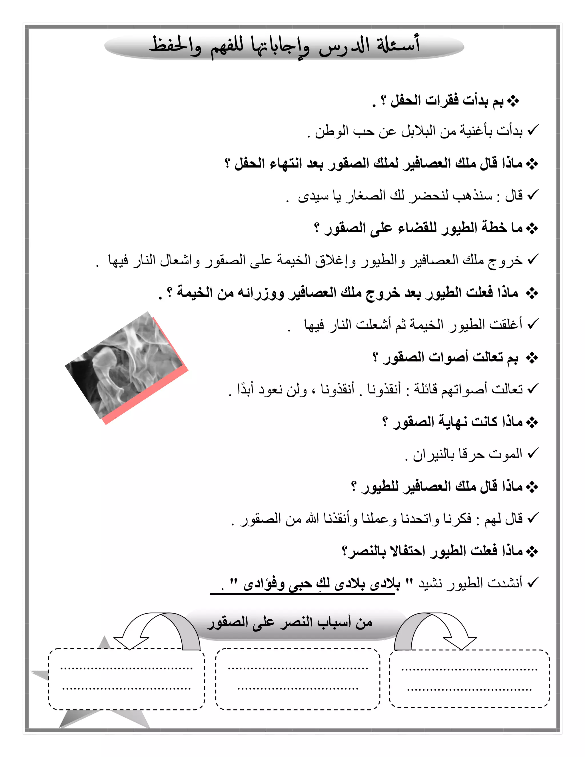 130
‫الحفل‬ ‫فقرات‬ ‫بدأت‬ ‫بم‬. ‫؟‬
‫الوطن‬ ‫حب‬ ‫عن‬ ‫البالبل‬ ‫من‬ ‫بأغنية‬ ‫بدأت‬.
‫الحفل‬ ‫انتهاء‬ ‫بعد‬ ‫الصقور‬ ‫لملك‬ ‫العصافير‬ ‫ملك‬ ‫قال‬ ‫ماذا‬‫؟‬
‫سيدى‬ ‫يا‬ ‫الصغار‬ ‫لك‬ ‫لنحضر‬ ‫سنذهب‬ : ‫قا ل‬.
‫الصقور‬ ‫على‬ ‫للقضاء‬ ‫الطيور‬ ‫خطة‬ ‫ما‬‫؟‬
‫وال‬ ‫العصافير‬ ‫ملك‬ ‫خروج‬‫فيها‬ ‫النار‬ ‫واشعا ل‬ ‫الصقور‬ ‫على‬ ‫الخيمة‬ ‫وإغالق‬ ‫طيور‬.
‫الخيمة‬ ‫من‬ ‫ووزرائه‬ ‫العصافير‬ ‫ملك‬ ‫خروج‬ ‫بعد‬ ‫الطيور‬ ‫فعلت‬ ‫ماذا‬. ‫؟‬
‫فيها‬ ‫النار‬ ‫أشعلت‬ ‫ثم‬ ‫الخيمة‬ ‫الطيور‬ ‫أغلقت‬.
‫الصقور‬ ‫أصوات‬ ‫تعالت‬ ‫بم‬‫؟‬
‫ًا‬‫د‬‫أب‬ ‫نعود‬ ‫ولن‬ ، ‫أنقذونا‬ . ‫أنقذونا‬ : ‫قائلة‬ ‫أصواتهم‬ ‫تعالت‬.
‫نها‬ ‫كانت‬ ‫ماذا‬‫الصقور‬ ‫ية‬‫؟‬
‫بالنيران‬ ‫حرقا‬ ‫الموت‬.
‫للطيور‬ ‫العصافير‬ ‫ملك‬ ‫قال‬ ‫ماذا‬‫؟‬
‫الصقور‬ ‫من‬ ‫هللا‬ ‫وأنقذنا‬ ‫وعملنا‬ ‫واتحدنا‬ ‫فكرنا‬ : ‫لهم‬ ‫قا ل‬.
‫ما‬‫بالنصر‬ ‫احتفاال‬ ‫الطيور‬ ‫فعلت‬ ‫ذا‬‫؟‬
‫نشيد‬ ‫الطيور‬ ‫أنشدت‬" ‫وفؤادى‬ ‫حبى‬ ِ‫لك‬ ‫بالدى‬ ‫بالدى‬ ".
‫الصقور‬ ‫على‬ ‫النصر‬ ‫أسباب‬ ‫من‬
....................................
.................................
.....................................
................................
...................................
..................................
 