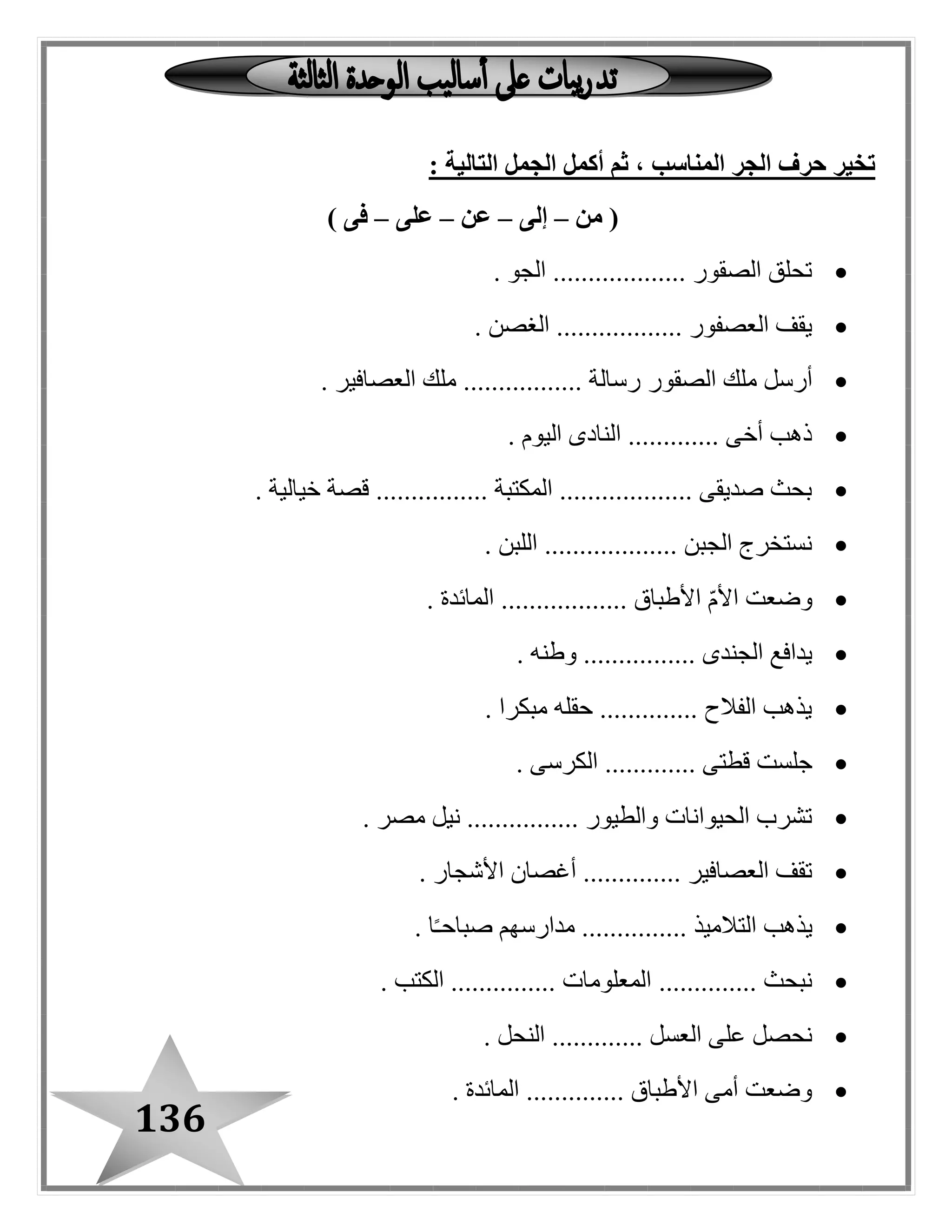136
: ‫التالية‬ ‫الجمل‬ ‫أكمل‬ ‫ثم‬ ، ‫المناسب‬ ‫الجر‬ ‫حرف‬ ‫تخير‬
‫من‬ (–‫إلى‬–‫عن‬–‫على‬–) ‫فى‬
. ‫الجو‬ ................... ‫الصقور‬ ‫تحلق‬
. ‫الغصن‬ .................. ‫العصفور‬ ‫يقف‬
‫الصقور‬ ‫ملك‬ ‫أرسل‬. ‫العصافير‬ ‫ملك‬ ................. ‫رسالة‬
. ‫اليوم‬ ‫النادى‬ ............. ‫أخى‬ ‫ذهب‬
. ‫خيالية‬ ‫قصة‬ ................ ‫المكتبة‬ ................... ‫صديقى‬ ‫بحث‬
. ‫اللبن‬ ................... ‫الجبن‬ ‫نستخرج‬
. ‫المائدة‬ .................. ‫األطباق‬ ّ‫م‬‫األ‬ ‫وضعت‬
...... ‫الجندى‬ ‫يدافع‬. ‫وطنه‬ ..........
. ‫مبكرا‬ ‫حقله‬ .............. ‫الفالح‬ ‫يذهب‬
. ‫الكرسى‬ ............. ‫قطتى‬ ‫جلست‬
. ‫مصر‬ ‫نيل‬ ................ ‫والطيور‬ ‫الحيوانات‬ ‫تشرب‬
. ‫األشجار‬ ‫أغصان‬ .............. ‫العصافير‬ ‫تقف‬
. ‫ا‬ً‫ـ‬‫صباح‬ ‫مدارسهم‬ ............... ‫التالميذ‬ ‫يذهب‬
.............. ‫نبحث‬. ‫الكتب‬ ............... ‫المعلومات‬
. ‫النحل‬ ............. ‫العسل‬ ‫على‬ ‫نحصل‬
. ‫المائدة‬ .............. ‫األطباق‬ ‫أمى‬ ‫وضعت‬
 