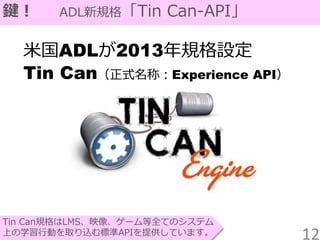 Tin Can規格はLMS、映像、ゲーム等全てのシステム
上の学習行動を取り込む標準APIを提供しています。
鍵！ ADL新規格「Tin Can-API」
米国ADLが2013年規格設定
Tin Can（正式名称：Experience API）
12
 