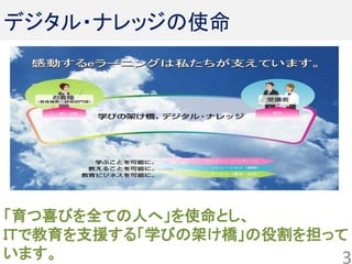 デジタル・ナレッジの使命
「育つ喜びを全ての人へ」を使命とし、
ＩＴで教育を支援する「学びの架け橋」の役割を担って
います。 3
 