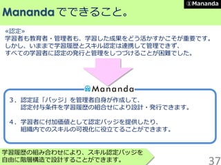 学習履歴の組み合わせにより、スキル認定バッジを
自由に階層構造で設計することができます。
Manandaでできること。
≪認定≫
学習者も教育者・管理者も、学習した成果をどう活かすかこそが重要です。
しかし、いままで学習履歴とスキル認定は連携して管理できず、
すべての学習者に認定の発行と管理をしつづけることが困難でした。
３．認定証「バッジ」を管理者自身が作成して、
認定付与条件を学習履歴の組合せにより設計・発行できます。
４．学習者に付加価値として認定バッジを提供したり、
組織内でのスキルの可視化に役立てることができます。
37
①Mananda
 
