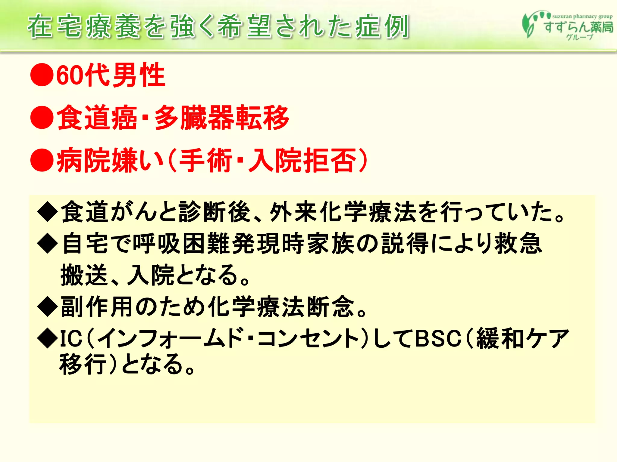 ●60代男性
●食道癌・多臓器転移
●病院嫌い（手術・入院拒否）
 