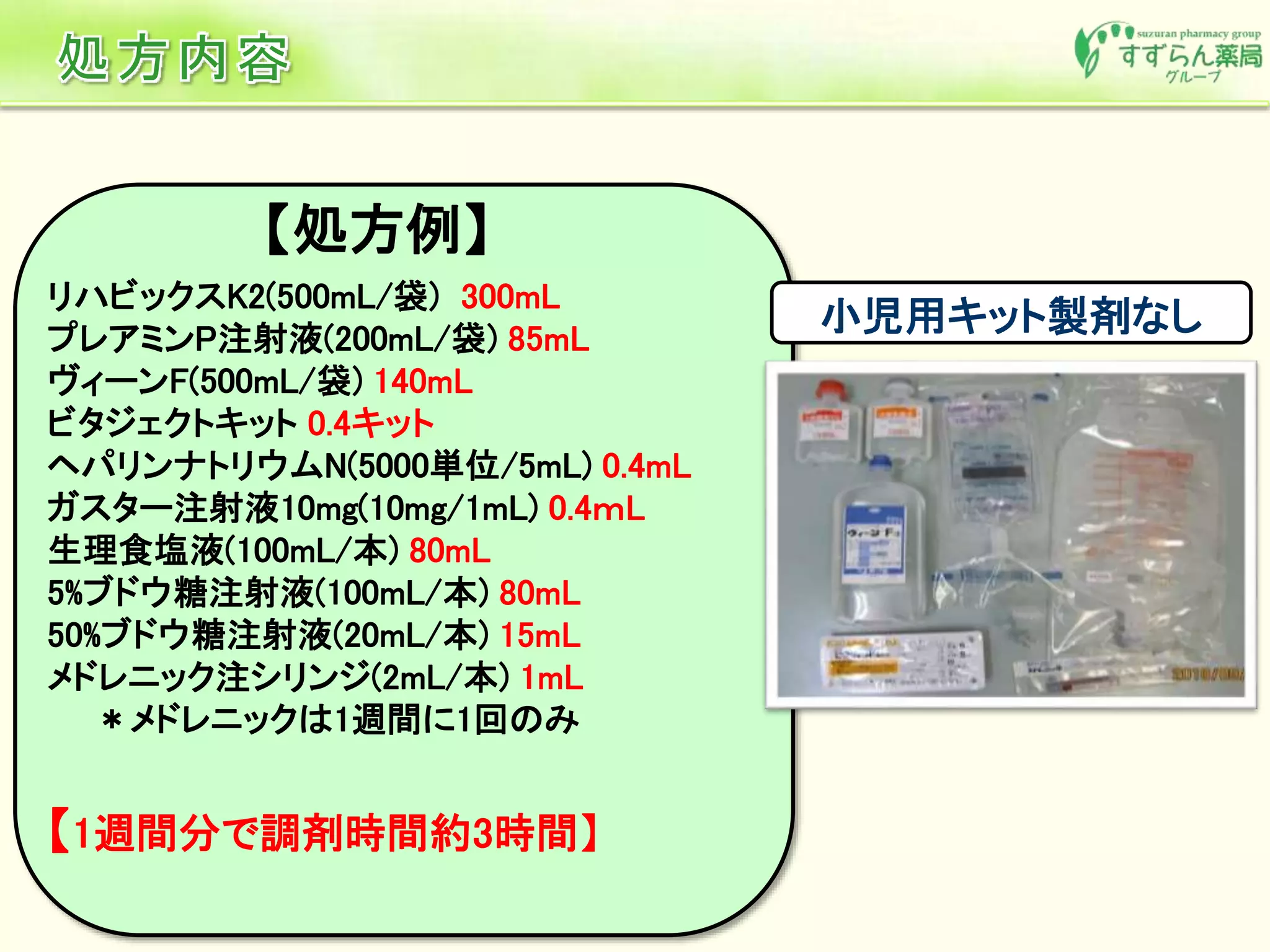 小児用キット製剤なし
リハビックスK2(500mL/袋) 300mL
プレアミンP注射液(200mL/袋) 85mL
ヴィーンF(500mL/袋) 140mL
ビタジェクトキット 0.4キット
ヘパリンナトリウムN(5000単位/5mL) 0.4mL
ガスター注射液10mg(10mg/1mL) 0.4ｍL
生理食塩液(100mL/本) 80mL
5%ブドウ糖注射液(100mL/本) 80mL
50%ブドウ糖注射液(20mL/本) 15mL
メドレニック注シリンジ(2mL/本) 1mL
＊メドレニックは1週間に1回のみ
【1週間分で調剤時間約3時間】
【処方例】
 