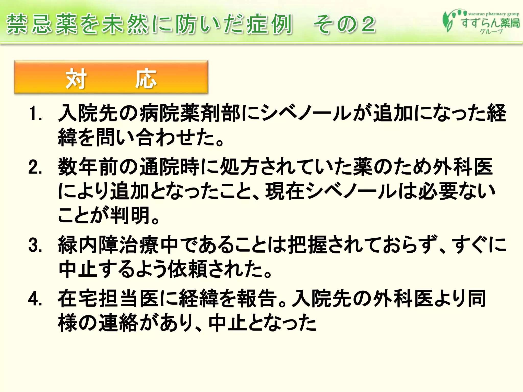 対 応
1. 入院先の病院薬剤部にシベノールが追加になった経
緯を問い合わせた。
2. 数年前の通院時に処方されていた薬のため外科医
により追加となったこと、現在シベノールは必要ない
ことが判明。
3. 緑内障治療中であることは把握されておらず、すぐに
中止するよう依頼された。
4. 在宅担当医に経緯を報告。入院先の外科医より同
様の連絡があり、中止となった
 