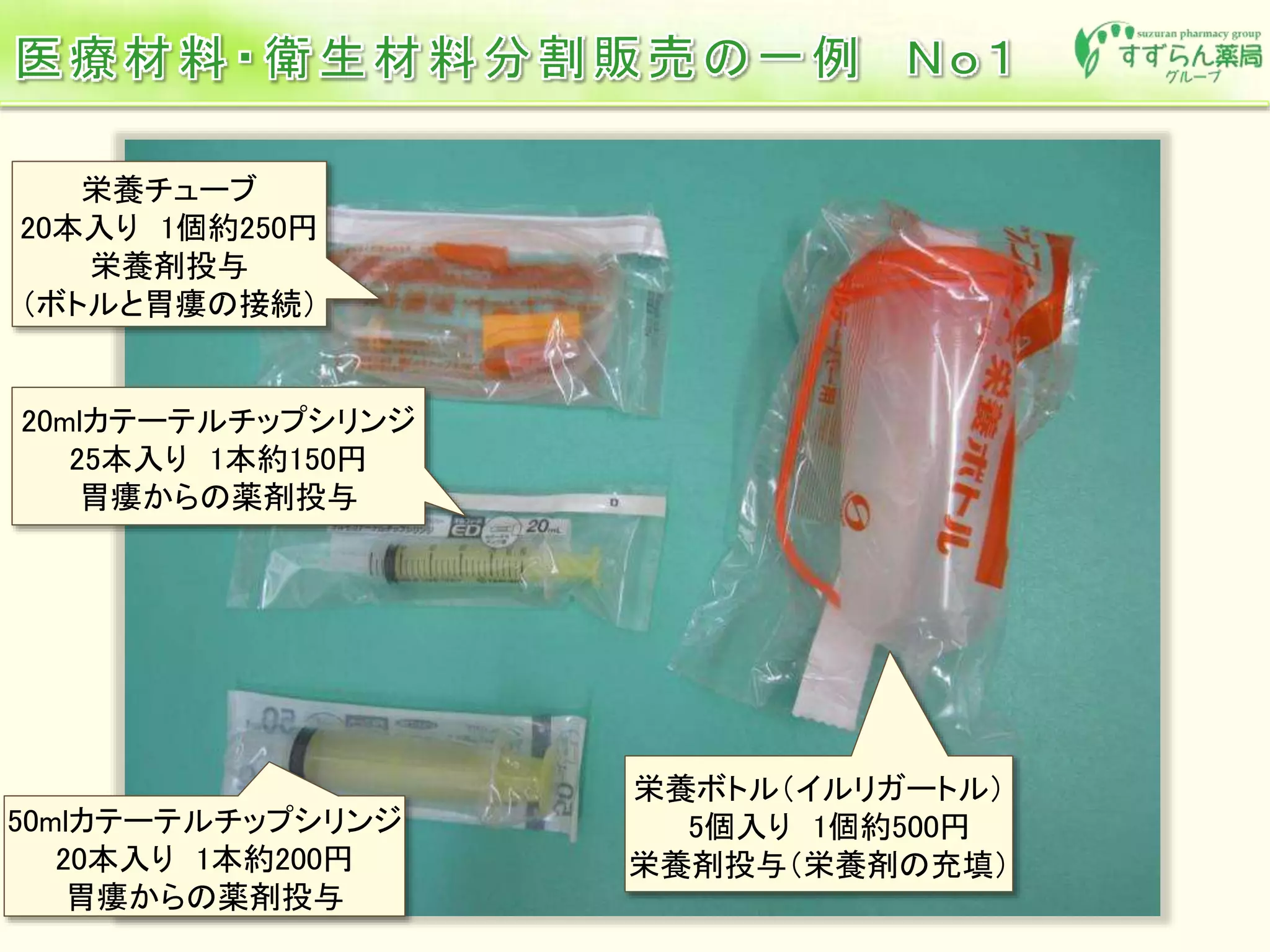 栄養チューブ
20本入り 1個約250円
栄養剤投与
（ボトルと胃瘻の接続）
20mlカテーテルチップシリンジ
25本入り 1本約150円
胃瘻からの薬剤投与
50mlカテーテルチップシリンジ
20本入り 1本約200円
胃瘻からの薬剤投与
栄養ボトル（イルリガートル）
5個入り 1個約500円
栄養剤投与（栄養剤の充填）
 