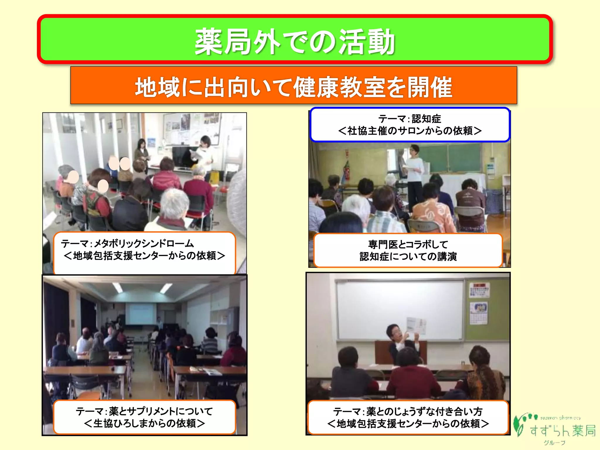 薬局外での活動
地域に出向いて健康教室を開催
テーマ：メタボリックシンドローム
＜地域包括支援センターからの依頼＞
専門医とコラボして
認知症についての講演
テーマ：薬とサプリメントについて
＜生協ひろしまからの依頼＞
テーマ：薬とのじょうずな付き合い方
＜地域包括支援センターからの依頼＞
テーマ：認知症
＜社協主催のサロンからの依頼＞
 