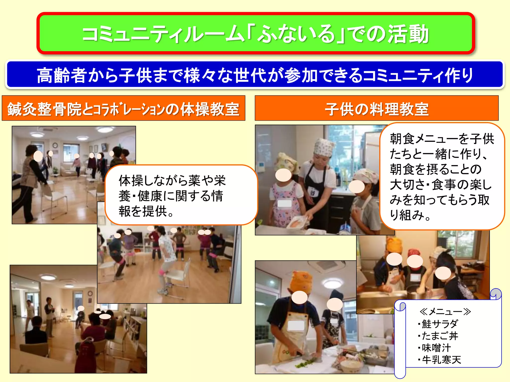 コミュニティルーム「ふないる」での活動
鍼灸整骨院とｺﾗﾎﾞﾚｰｼｮﾝの体操教室 子供の料理教室
体操しながら薬や栄
養・健康に関する情
報を提供。
朝食メニューを子供
たちと一緒に作り、
朝食を摂ることの
大切さ・食事の楽し
みを知ってもらう取
り組み。
高齢者から子供まで様々な世代が参加できるコミュニティ作り
≪メニュー≫
・鮭サラダ
・たまご丼
・味噌汁
・牛乳寒天
 