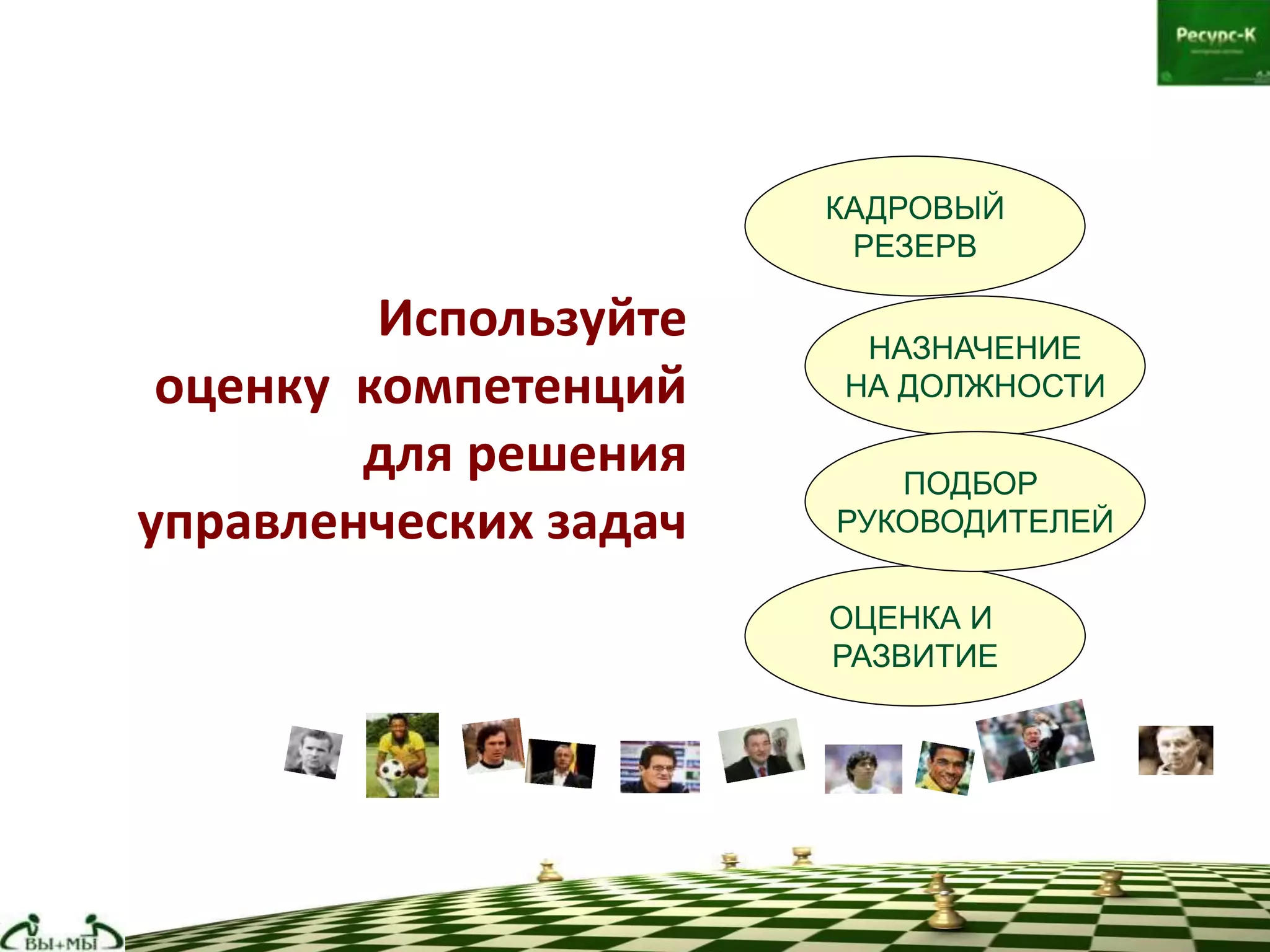 Используйте
оценку компетенций
для решения
управленческих задач
КАДРОВЫЙ
РЕЗЕРВ
НАЗНАЧЕНИЕ
НА ДОЛЖНОСТИ
ОЦЕНКА И
РАЗВИТИЕ
ПОДБОР
РУКОВОДИТЕЛЕЙ
 