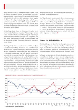 Erfolg gekrönt war. Nach wiederum langem Zögern haben
die Verluste ein solches Ausmaß angenommen, dass er sich
zu einem Verkauf mit schmerzhaftem Verlust entschließt und
sich schwört, nie mehr eine Aktie anzufassen. Damit verpasst
der Anleger die Möglichkeit, günstige Aktien zu kaufen, und
vor allem verpasst er die nächste Erholungsphase der Börsen.
In den vergangenen 15 Jahren gab es eine Vielzahl dieser
zyklischen Bewegungen, die immer wieder zu diesen Vorge-
hensweisen geführt haben:
Direkte Folge dieser Angst vor Krisen und Verlusten ist die
zunehmende Abstinenz deutscher Privatanleger von der
Börse. Trotz der offenkundigen Schwierigkeit, mit altherge-
brachten Investmentformen wie Tages- bzw. Festgeldern oder
dem guten alten Sparbuch Erträge zu erwirtschaften, sinkt
die Bereitschaft privater Investoren, in Aktien zu investieren,
immer weiter.
Der tiefgreifende Vertrauensverlust in die unabhängige Bera-
tung der Banken infolge der Finanz- und Schuldenkrise in
2008 und eine Abscheu vor einigen Fehlentwicklungen des
„bösen“ Kapitalismus in Verbindung mit dem umstrittenen
„Shareholder-Value-Prinzip“ hält viele Anleger von Aktienin-
vestments ab. Die Aktie als eigentlich volkswirtschaftlich nach-
haltiges Finanzierungsinstrument, das die Produktionsmittel
auf breite gesellschaftliche Eigentümerschichten verteilt, ist
zudem auch durch den sogenannten „Hochfrequenzhandel“
in Verruf geraten. Dieser pervertiert die volkswirtschaftliche
Funktion von Aktien, indem er die Unternehmenstitel zu
sekündlich gehandelten Spekulationsobjekten degradiert. Da
verwundert es kaum, dass nach Zahlen des Deutschen Aktien-
instituts weniger Aktionäre und Aktienfondsbesitzer zu ver-
zeichnen sind und sich gerade die jüngeren Investoren zu-
nehmend von Aktien abwenden.
Die Folge: Deutsche börsennotierte Unternehmen gehören
inzwischen mehrheitlich internationalen Investoren. Der
Anteil deutscher Privatanleger beläuft sich nach Untersu-
chungen der Deutschen Bundesbank auf gerade noch
zwölf Prozent (deutsche Institutionelle Investoren halten
29 Prozent). Internationale Investoren sind dagegen mit
59 Prozent an deutschen börsennotierten Unternehmen
beteiligt. Bei den Dax-Unternehmen beläuft sich dieser
Anteil sogar auf 64 Prozent. ❚
Warum die Aktie ein Muss ist
Die Entwicklungen der jährlichen Renditeergebnisse verschie-
dener Anlagestrategien mit unterschiedlichen Aktienquoten
zeigen eines deutlich: Die Aktie sollte in der künftigen Anlage-
politik nicht fehlen; gerade bei einer Generation, die sich
zunehmend selbst um ihre Alterssicherung kümmern muss.
Aufgrund der dramatischen Erosion der Zinserträge im An-
leihensektor ist deutlich zu sehen, dass die Anlagestrategien
mit hohen Anleiheanteilen stetig sinkende Erträge pro Jahr
verzeichnen. Weil davon auszugehen ist, dass es hinsichtlich
des niedrigen Zinsniveaus keine schnelle Änderung geben
wird, muss der Aktienanteil in Zukunft einen wesentlich hö-
heren Stellenwert einnehmen, als den meisten Investoren in
Deutschland bisher bewusst war. ❚
0
200
400
600
800
1.000
1.200
1.400
1.600
1.800
2.000
0 %
1 %
2 %
3 %
4 %
5 %
6 %
7 %
8 %
9 %
10 %
Jan 90 Jan 92 Jan 94 Jan 96 Jan 98 Jan 00 Jan 02 Jan 04 Jan 06 Jan 08 Jan 10 Jan 12 Jan 14
Quelle: Bloomberg, eigene Darstellung
ABBILDUNG 3: RENDITEVERGLEICH – LANGFRISTIG SCHLAGEN AKTIEN RENTEN
10-Jahresrendite Bundesanleihe (linke Skala) MSCI World in Euro (rechte Skala)
siehe auch Hinweise im Impressum zu (2) und (3)
3
 