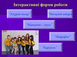 Інтерактивні форми роботиІнтерактивні форми роботи
“Ажурна пилка” “Мозковий штурм
“Навчаючи – учусь”
“Мікрофон”
“Карусель”
 