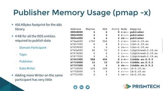 CopyrightPrismTech,2014
456 KBytes footprint for the dds
library
4 KB for all the DDS entities
required to publish data
- Domain Participant
- Topic
- Publisher
- Data Writer
Adding more Writer on the same
participant has very little
Publisher Memory Usage (pmap -x)
Address Kbytes RSS Dirty Mode Mapping
08048000 4 4 0 r-x-- publisher
08049000 4 4 4 r---- publisher
0804a000 4 4 4 rw--- publisher
b74ae000 1700 564 0 r-x-- libc-2.19.so
b7657000 8 8 8 r---- libc-2.19.so
b7659000 4 4 4 rw--- libc-2.19.so
b765e000 96 72 0 r-x-- libpthread-2.19.so
b7676000 4 4 4 r---- libpthread-2.19.so
b7677000 4 4 4 rw--- libpthread-2.19.so
b7691000 588 456 0 r-x-- libdds.so.0.9.2
b7724000 12 12 12 r---- libdds.so.0.9.2
b7727000 4 4 4 rw--- libdds.so.0.9.2
b7730000 128 100 0 r-x-- ld-2.19.so
b7750000 4 4 4 r---- ld-2.19.so
b7751000 4 4 4 rw--- ld-2.19.so
 