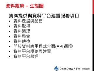資料經濟 + 生態圈
資料提供與資料平台建置服務項目
• 資料發掘與盤點
• 資料取得
• 資料清理
• 資料整合
• 資料轉換
• 開放資料應用程式介面(API)開發
• 資料平台規劃與建置
• 資料平台營運
 