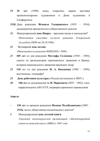 11
19 25 лет (1990) назад открылась первая выставка
крымскотатарских художников в Доме художника в
Симферополе
21(8) День рождения Исмаила Гаспринского (1851 – 1914),
выдающегося просветителя и общественного деятеля
21 Международный день Наврез – праздник весны и земледелия*
Отмечается ежегодно согласно решению Генеральной
Ассамблеи ООН от 26.10.1966г.
21 Всемирный день поэзии
Отмечается по решению ЮНЕСКО с 1999г.
21 105 лет со дня рождения Мустафы Селимова (1910 – 1985),
одного из организаторов партизанского движения в Крыму,
ветерана национального движения крымских татар
22 110 лет со дня рождения Н. А. Баскакова (1905 – 1995),
востоковеда, этнографа*
25 День работника культуры в России (установлен в 2007г.)
30 160 лет со дня рождения А. И. Маркевича (1855 – 1942), член-
корреспондента АН СССР, патриарха крымского краеведения
Апрель
– 130 лет со времени рождения Номана Челебиджихана (1885 –
1918), поэта, общественно-политического деятеля*
2 Международный день детской книги
Учрежден некоммерческой организацией «Международный
совет по детской книге» (IBBY) в 1967 году
 