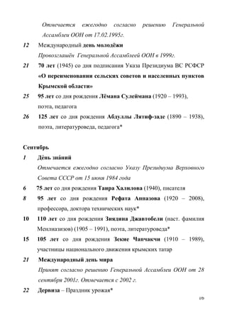 16
Отмечается ежегодно согласно решению Генеральной
Ассамблеи ООН от 17.02.1995г.
12 Международный день молодёжи
Провозглашён Генеральной Ассамблеей ООН в 1999г.
21 70 лет (1945) со дня подписания Указа Президиума ВС РСФСР
«О переименовании сельских советов и населенных пунктов
Крымской области»
25 95 лет со дня рождения Лёмана Сулеймана (1920 – 1993),
поэта, педагога
26 125 лет со дня рождения Абдуллы Лятиф-заде (1890 – 1938),
поэта, литературоведа, педагога*
Сентябрь
1 Де́нь зна́ний
Отмечается ежегодно согласно Указу Президиума Верховного
Совета СССР от 15 июня 1984 года
6 75 лет со дня рождения Таира Халилова (1940), писателя
8 95 лет со дня рождения Рефата Аппазова (1920 – 2008),
профессора, доктора технических наук*
10 110 лет со дня рождения Зиядина Джавтобели (наст. фамилия
Менлиазизов) (1905 – 1991), поэта, литературоведа*
15 105 лет со дня рождения Зекие Чапчакчи (1910 – 1989),
участницы национального движения крымских татар
21 Международный день мира
Принят согласно решению Генеральной Ассамблеи ООН от 28
сентября 2001г. Отмечается с 2002 г.
22 Дервиза – Праздник урожая*
 