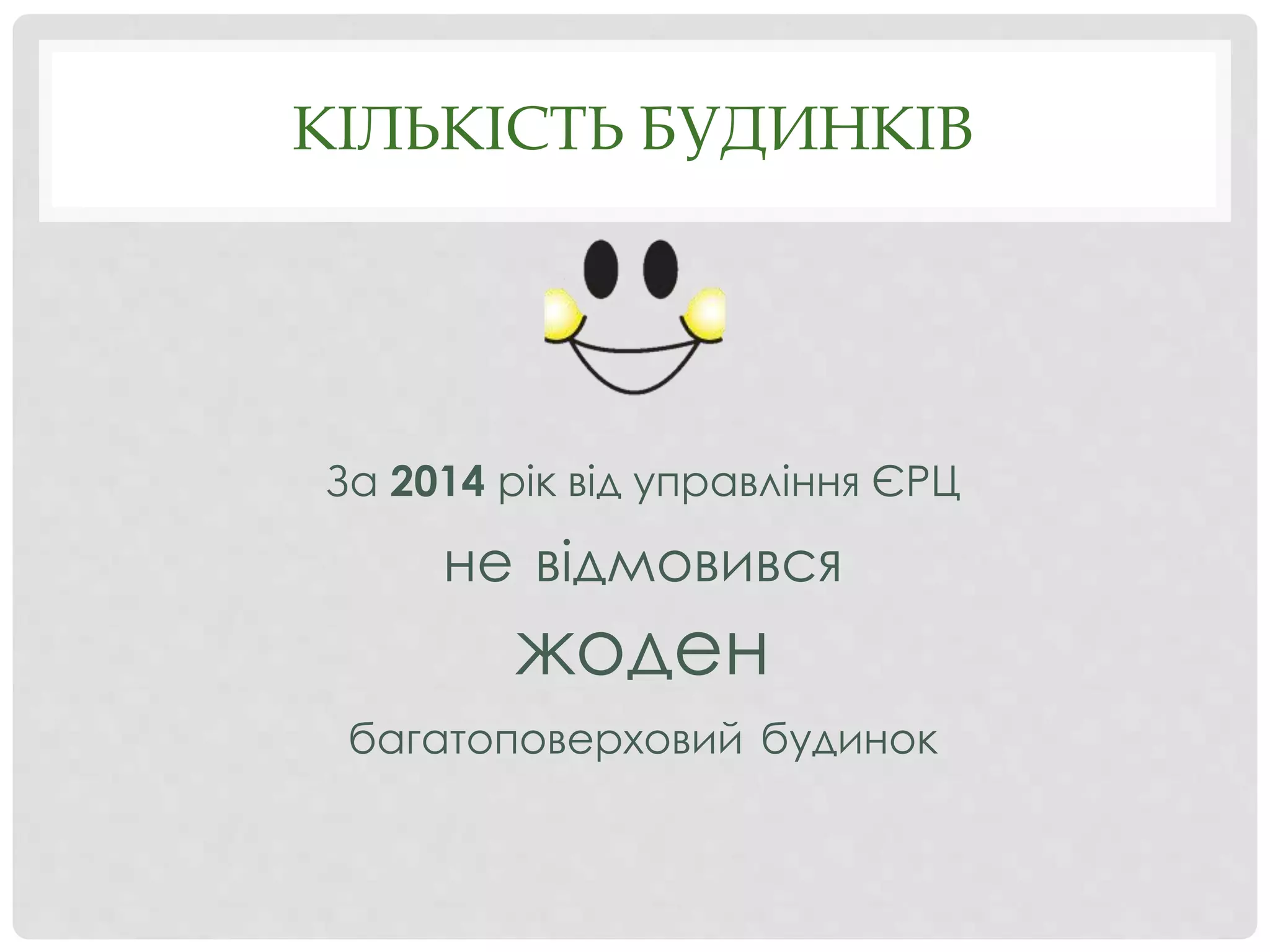 КІЛЬКІСТЬ БУДИНКІВ
За 2014 рік від управління ЄРЦ
не відмовився
жоден
багатоповерховий будинок
 