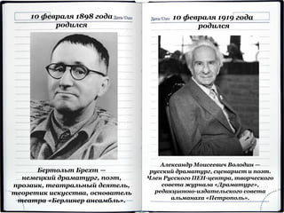 Бертольт Брехт —
немецкий драматург, поэт,
прозаик, театральный деятель,
теоретик искусства, основатель
театра «Берлинер ансамбль».
10 февраля 1898 года
родился
10 февраля 1919 года
родился
Александр Моисеевич Володин —
русский драматург, сценарист и поэт.
Член Русского ПЕН-центра, творческого
совета журнала «Драматург»,
редакционно-издательского совета
альманаха «Петрополь».
 