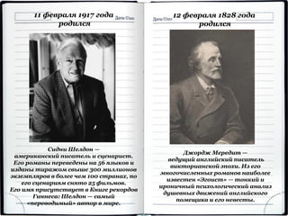 11 февраля 1917 года
родился
Сидни Шелдон —
американский писатель и сценарист.
Его романы переведены на 56 языков и
изданы тиражом свыше 300 миллионов
экземпляров в более чем 100 странах, по
его сценариям снято 25 фильмов.
Его имя присутствует в Книге рекордов
Гиннеса: Шелдон — самый
«переводимый» автор в мире.
12 февраля 1828 года
родился
Джордж Мередит —
ведущий английский писатель
викторианской эпохи. Из его
многочисленных романов наиболее
известен «Эгоист» — тонкий и
ироничный психологический анализ
душевных движений английского
помещика и его невесты.
 
