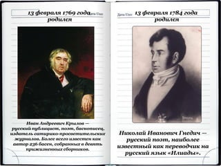 13 февраля 1769 года
родился
Иван Андреевич Крылов —
русский публицист, поэт, баснописец,
издатель сатирико-просветительских
журналов. Более всего известен как
автор 236 басен, собранных в девять
прижизненных сборников.
13 февраля 1784 года
родился
Николай Иванович Гнедич —
русский поэт, наиболее
известный как переводчик на
русский язык «Илиады».
 