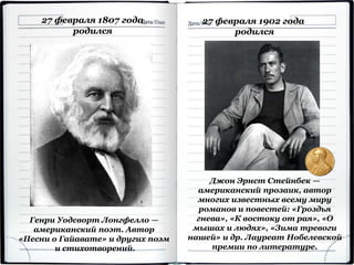 27 февраля 1807 года
родился
Генри Уодсворт Лонгфелло —
американский поэт. Автор
«Песни о Гайавате» и других поэм
и стихотворений.
27 февраля 1902 года
родился
Джон Эрнст Стейнбек —
американский прозаик, автор
многих известных всему миру
романов и повестей: «Гроздья
гнева», «К востоку от рая», «О
мышах и людях», «Зима тревоги
нашей» и др. Лауреат Нобелевской
премии по литературе.
 