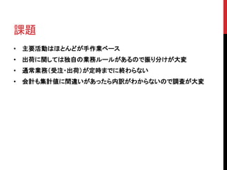 課題
• 主要活動はほとんどが手作業ベース
• 出荷に関しては独自の業務ルールがあるので振り分けが大変
• 通常業務（受注・出荷）が定時までに終わらない
• 会計も集計値に間違いがあったら内訳がわからないので調査が大変
 