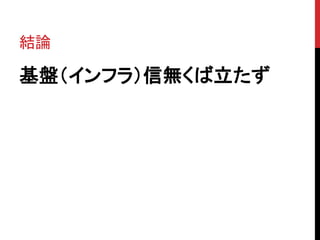 結論
基盤（インフラ）信無くば立たず
 