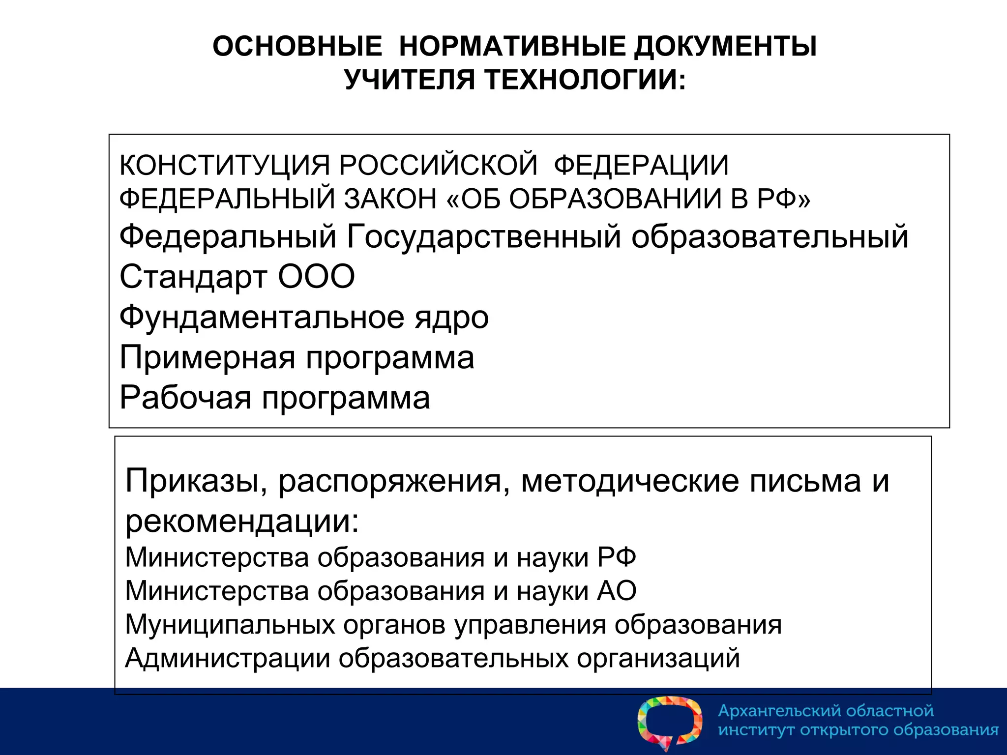 ОСНОВНЫЕ НОРМАТИВНЫЕ ДОКУМЕНТЫ
УЧИТЕЛЯ ТЕХНОЛОГИИ:
КОНСТИТУЦИЯ РОССИЙСКОЙ ФЕДЕРАЦИИ
ФЕДЕРАЛЬНЫЙ ЗАКОН «ОБ ОБРАЗОВАНИИ В РФ»
Федеральный Государственный образовательный
Стандарт ООО
Фундаментальное ядро
Примерная программа
Рабочая программа
Приказы, распоряжения, методические письма и
рекомендации:
Министерства образования и науки РФ
Министерства образования и науки АО
Муниципальных органов управления образования
Администрации образовательных организаций
 