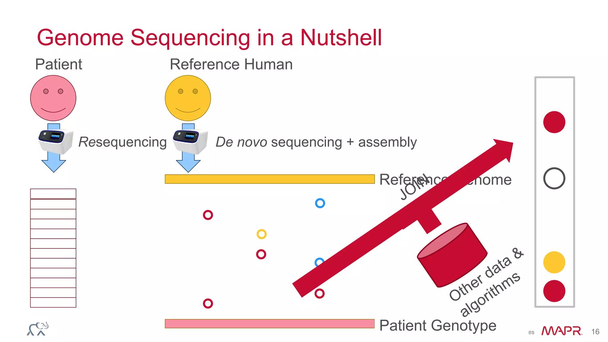 © 2014 MapR Technologies 16
Genome Sequencing in a Nutshell
Reference HumanPatient
Reference Genome







De novo sequencing + assemblyResequencing
Patient Genotype
 