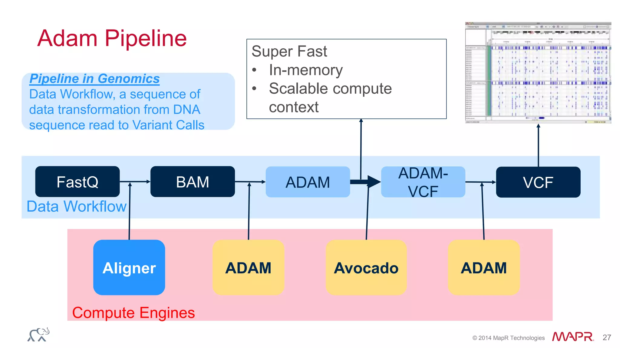 © 2014 MapR Technologies 27
Compute Engines
Data Workflow
Adam Pipeline
FastQ BAM ADAM
ADAM-
VCF
VCF
AvocadoADAM ADAMAligner
Super Fast
• In-memory
• Scalable compute
context
Pipeline in Genomics
Data Workflow, a sequence of
data transformation from DNA
sequence read to Variant Calls
 