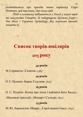 14
розповідається про пригоди юного чарівника Гаррі
Поттера, цей персонаж і дав назву серії.
Події в основному відбуваються в Англії у школі чарів
та чаклунства Гогвартс, де найкращими друзями Гаррі є
Рон Візлі і Герміона Ґрейнджер. Які захопливі пригоди
чекають їх.
Список творів-ювілярів
2015 року
430 років
М. Сервантес «Галатея» (1585)
190 років
О. С. Пушкін «Борис Годунов» (1825)
185 років
О. С. Пушкін «Казка про попа і наймита його Балду»,
«Маленькі трагедії», «Моцарт і Сальєрі» (1830)
175 років
М. Ю. Лермонтов «Мцирі», «Герої нашого часу» (1840)
 