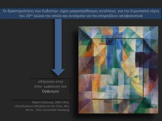 οδήγησαν στην
στην εμφάνιση του
Ορφισμού
Robert Delaunay, 1885-1941,
«Simultaneous Windows on the City», 40 x
46 cm, 1912, Kunsthalle Hamburg
Οι δραστηριότητες των Κυβιστών είχαν μακροπρόθεσμες συνέπειες για την Ευρωπαϊκή τέχνη
του 20ου αιώνα την οποία και συνέχισαν να την επηρεάζουν αποφασιστικά
 