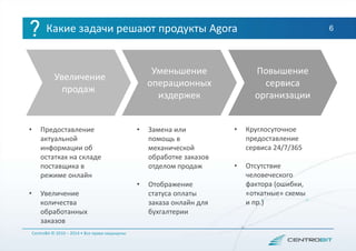 Какие задачи решают продукты Agora 6
• Предоставление
актуальной
информации об
остатках на складе
поставщика в
режиме онлайн
• Увеличение
количества
обработанных
заказов
CentroBit © 2010 – 2014 • Все права защищены
Увеличение
продаж
Уменьшение
операционных
издержек
Повышение
сервиса
организации
• Замена или
помощь в
механической
обработке заказов
отделом продаж
• Отображение
статуса оплаты
заказа онлайн для
бухгалтерии
• Круглосуточное
предоставление
сервиса 24/7/365
• Отсутствие
человеческого
фактора (ошибки,
«откатные» схемы
и пр.)
 