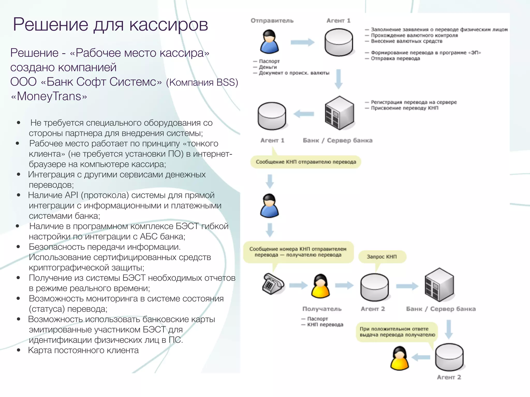 Решение - «Рабочее место кассира»
создано компанией
ООО «Банк Софт Системс» (Компания BSS)
«MoneyTrans»
• Не требуется специального оборудования со
стороны партнера для внедрения системы;
• Рабочее место работает по принципу «тонкого
клиента» (не требуется установки ПО) в интернет-
браузере на компьютере кассира;
• Интеграция с другими сервисами денежных
переводов;
• Наличие API (протокола) системы для прямой
интеграции с информационными и платежными
системами банка;
• Наличие в программном комплексе БЭСТ гибкой
настройки по интеграции с АБС банка;
• Безопасность передачи информации.
Использование сертифицированных средств
криптографической защиты;
• Получение из системы БЭСТ необходимых отчетов
в режиме реального времени;
• Возможность мониторинга в системе состояния
(статуса) перевода;
• Возможность использовать банковские карты
эмитированные участником БЭСТ для
идентификации физических лиц в ПС.
• Карта постоянного клиента
Решение для кассиров
 
