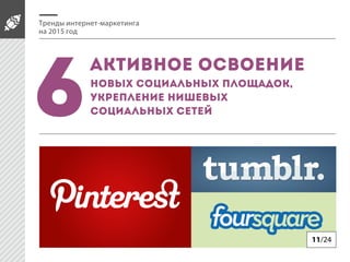Тренды интернет-маркетинга
на 2015 год
Активное освоение
новых социальных площадок,
укрепление нишевых
социальных сетей6
11/24
 