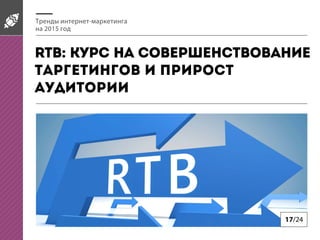 Тренды интернет-маркетинга
на 2015 год
RTB: курс на совершенствование
таргетингов и прирост
аудитории
17/24
 