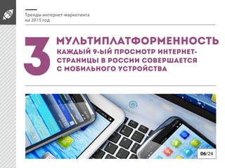 Мультиплатформенность
Тренды интернет-маркетинга
на 2015 год
06/24
3КАЖДЫЙ 9-ЫЙ ПРОСМОТР ИНТЕРНЕТ-
СТРАНИЦЫ В РОССИИ СОВЕРШАЕТСЯ
С МОБИЛЬНОГО УСТРОЙСТВА
 