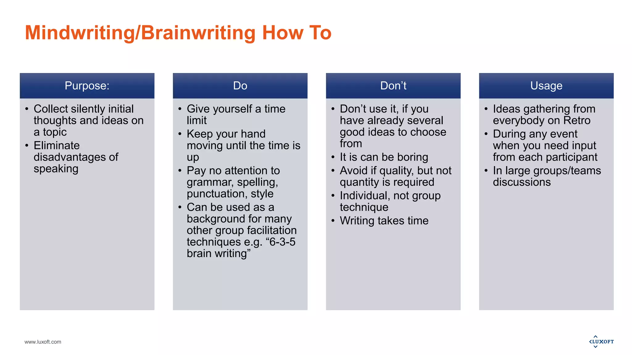 www.luxoft.com
Mindwriting/Brainwriting How To
Purpose:
• Collect silently initial
thoughts and ideas on
a topic
• Eliminate
disadvantages of
speaking
Do
• Give yourself a time
limit
• Keep your hand
moving until the time is
up
• Pay no attention to
grammar, spelling,
punctuation, style
• Can be used as a
background for many
other group facilitation
techniques e.g. “6-3-5
brain writing”
Don’t
• Don’t use it, if you
have already several
good ideas to choose
from
• It is can be boring
• Avoid if quality, but not
quantity is required
• Individual, not group
technique
• Writing takes time
Usage
• Ideas gathering from
everybody on Retro
• During any event
when you need input
from each participant
• In large groups/teams
discussions
 