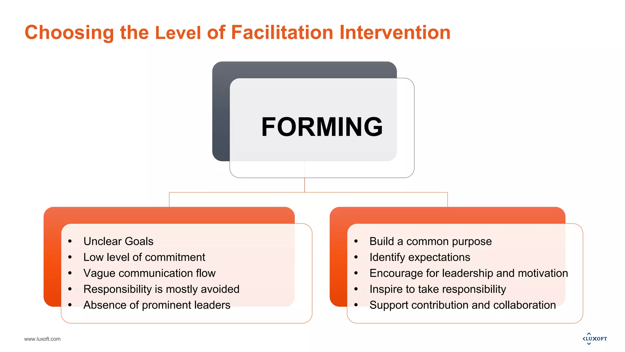 www.luxoft.com
Choosing the Level of Facilitation Intervention
FORMING
 Unclear Goals
 Low level of commitment
 Vаgue communication flow
 Responsibility is mostly avoided
 Absence of prominent leaders
 Build a common purpose
 Identify expectations
 Encourage for leadership and motivation
 Inspire to take responsibility
 Support contribution and collaboration
 