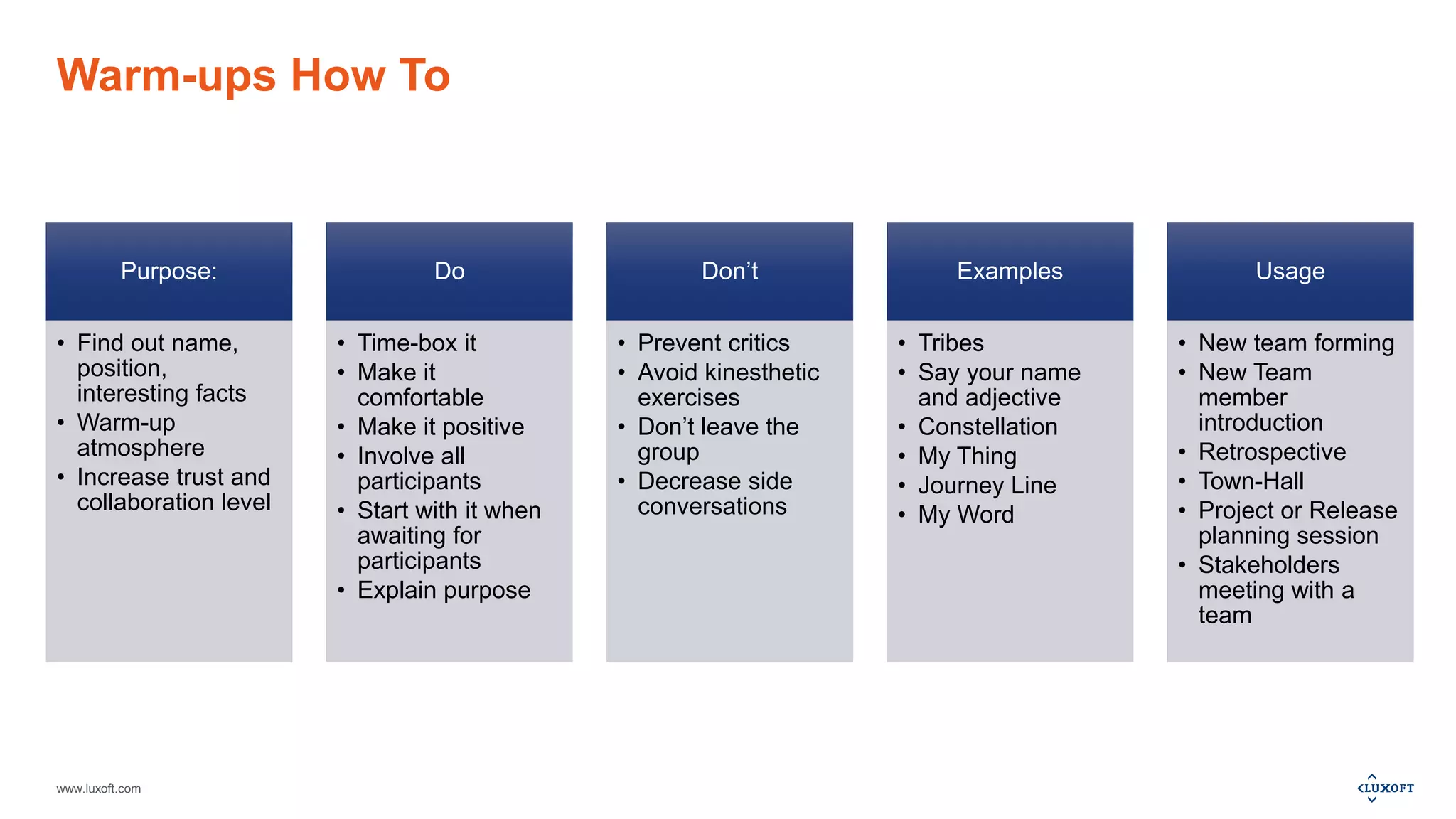 www.luxoft.com
Warm-ups How To
Purpose:
• Find out name,
position,
interesting facts
• Warm-up
atmosphere
• Increase trust and
collaboration level
Do
• Time-box it
• Make it
comfortable
• Make it positive
• Involve all
participants
• Start with it when
awaiting for
participants
• Explain purpose
Don’t
• Prevent critics
• Avoid kinesthetic
exercises
• Don’t leave the
group
• Decrease side
conversations
Examples
• Tribes
• Say your name
and adjective
• Constellation
• My Thing
• Journey Line
• My Word
Usage
• New team forming
• New Team
member
introduction
• Retrospective
• Town-Hall
• Project or Release
planning session
• Stakeholders
meeting with a
team
 
