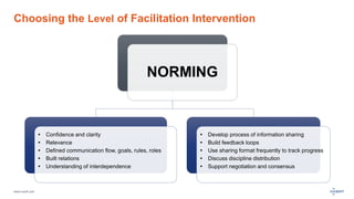 www.luxoft.com
Choosing the Level of Facilitation Intervention
NORMING
 Confidence and clarity
 Relevance
 Defined communication flow, goals, rules, roles
 Built relations
 Understanding of interdependence
 Develop process of information sharing
 Build feedback loops
 Use sharing format frequently to track progress
 Discuss discipline distribution
 Support negotiation and consensus
 