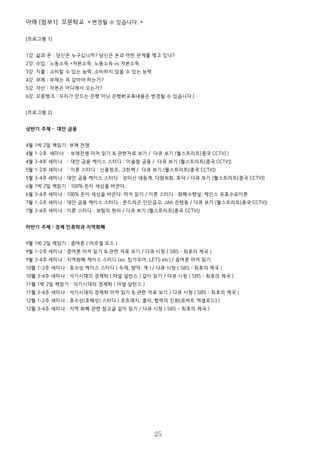 아래 [첨부1] 꼬뮨학교 * 변경될 수 있습니다. *
[프로그램 1]
1강. 삶과 돈 : 당신은 누구십니까? 당신은 돈과 어떤 관계를 맺고 있나?
2강. 수입 : 노동소득 +자본소득, 노동소득 vs 자본소득
3강. 지출 : 소비할 수 있는 능력, 소비하지 않을 수 있는 능력
4강. 부채 : 부채는 꼭 갚아야 하는가?
5강. 자산 : 자본은 어디에서 오는가?
6강. 꼬뮨뱅크 : 우리가 만드는 은행 아닌 은행#(교육내용은 변경될 수 있습니다.)
[프로그램 2]
상반기 주제 – 대안 금융
4월 1박 2일 책읽기: 부채 전쟁
4월 1-2주 세미나 : 부채전쟁 마저 읽기 & 관련자료 보기 / 다큐 보기 (월스트리트[중국 CCTV] )
4월 3-4주 세미나 : 대안 금융 케이스 스터디 : 이슬람 금융 / 다큐 보기 (월스트리트[중국 CCTV])
5월 1-2주 세미나 : 이론 스터디 : 신용창조, 그린백 / 다큐 보기 (월스트리트[중국 CCTV])
5월 3-4주 세미나 : 대안 금융 케이스 스터디 : 성미산 대동계, 다람쥐회, 토닥 / 다큐 보기 (월스트리트[중국 CCTV])
6월 1박 2일 책읽기 : 100% 돈이 세상을 바꾼다.
6월 3-4주 세미나 : 100% 돈이 세상을 바꾼다. 마저 읽기 / 이론 스터디 : 화폐수량설, 케인스 유효수요이론
7월 1-2주 세미나 : 대안 금융 케이스 스터디 : 몬드라곤 인민금고, JAK 은행등 / 다큐 보기 (월스트리트[중국 CCTV])
7월 3-4주 세미나 : 이론 스터디 : 보험의 원리 / 다큐 보기 (월스트리트[중국 CCTV])
하반기 주제 – 경제 인류학과 지역화폐
9월 1박 2일 책읽기 : 증여론 ( 마르셀 모스 )
9월 1-2주 세미나 : 증여론 마저 읽기 & 관련 자료 보기 / 다큐 시청 ( SBS – 최후의 제국 )
9월 3-4주 세미나 : 지역화폐 케이스 스터디 (ex. 킴가우어, LETS etc) / 증여론 마저 읽기
10월 1-2주 세미나 : 호수성 케이스 스터디 ( 두레, 향약, 계 ) / 다큐 시청 ( SBS – 최후의 제국 )
10월 3-4주 세미나 : 석기시대의 경제학 ( 마셜 살린스 ) 같이 읽기 / 다큐 시청 ( SBS – 최후의 제국 )
11월 1박 2일 책읽기 : 석기시대의 경제학 ( 마셜 살린스 )
11월 3-4주 세미나 : 석기시대의 경제학 마저 읽기 & 관련 자료 보기 / 다큐 시청 ( SBS – 최후의 제국 )
12월 1-2주 세미나 : 호수성(호혜성) 스터디 ( 포트래치, 쿨라, 협력의 진화[로버트 엑셀로드] )
12월 3-4주 세미나 : 지역 화폐 관련 참고글 같이 읽기 / 다큐 시청 ( SBS - 최후의 제국 )
25
 