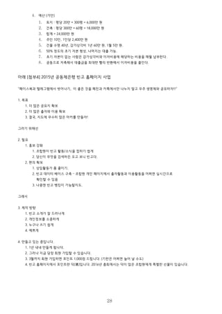 4. 예산 (가안)
1. 토지 : 평당 20만 * 300평 = 6,000만 원
2. 건축 : 평당 300만 * 60평 = 18,000만 원
3. 합계 = 24,000만 원
4. 주민 10인, 1인당 2,400만 원
5. 건물 수명 40년, 감가상각비 1년 60만 원, 1월 5만 원.
6. 50% 정도의 초기 자본 형성, 나머지는 대출 가능.
7. 초기 자본이 없는 사람은 감가상각비와 이자비용에 해당하는 비용을 매월 납부한다.
8. 공동으로 저축해서 대출금을 최대한 빨리 반환해서 이자비용을 줄인다.
아래 [첨부4] 2015년 공동체은행 빈고 홈페이지 사업
“페이스북과 텔레그램에서 벗어나기, 이 좋은 것을 페친과 카톡에서만 나누지 말고 우주 생명체와 공유하자!!”
1. 목표
1. 더 많은 공유지 확보
2. 더 많은 출자와 이용 확보
3. 결국, 지도에 무수히 많은 마커를 만들자!
그러기 위해선
2. 필요
1. 홍보 강화
1. 조합원이 빈고 활동/소식을 접하기 쉽게
2. 당신이 무엇을 검색하든 오고 보니 빈고다.
2. 편의 확보
1. 상임활동가 품 줄이기.
2. 빈고 데이터 베이스 구축 - 조합원 개인 페이지에서 출자활동과 이용활동을 어쩌면 실시간으로
확인할 수 있음
3. 나중엔 빈고 뱅킹이 가능할지도.
그래서
3. 제작 방향
1. 빈고 소개가 잘 드러나게
2. 개인정보를 소중하게
3. 누구나 쓰기 쉽게
4. 예쁘게
4. 만들고 있는 중입니다.
1. 1년 내내 만들게 됩니다.
2. 그러나 지금 당장 회원 가입할 수 있습니다.
3. 3월까지 회원 가입하면 포인트 1,000점 드립니다. (기한은 어쩌면 늘어 날 수도)
4. 빈고 홈페이지에서 포인트란 덕(悳)입니다. 2016년 총회에서는 덕이 많은 조합원에게 특별한 선물이 있습니다.
28
 